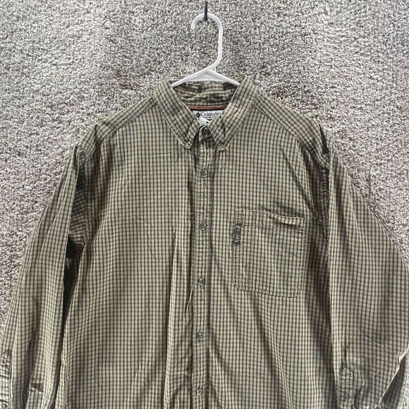 Columbia Shirt Adult Large Gren Tan Plaid Long Sleeve Button Up Hiking Mens Logo - Picture 3 of 10